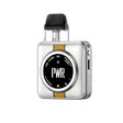 Svapatore Vaporesso Xros 5 Nano con batteria da 1600mAh, design compatto in argento con striscia gialla, schermo circolare anteriore con indicatori di carica e batteria e cartuccia superiore trasparente con bocchino nero.