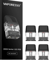 Pack de 4 cartuchos recargables Vaporesso Xros 1.2 ohm con depósito transparente y boquilla negra, presentados junto a su caja original Vaporesso Xros Series.