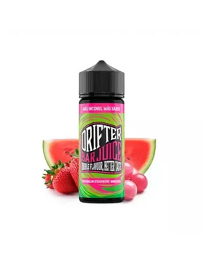 Scent Drifter Bar Juice Watermelon Strawberry Bubblegum 24 ml in longfill format, bottle with a green label next to watermelon, strawberries and chewing gum that represent its flavor.