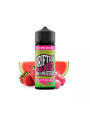 Scent Drifter Bar Juice Watermelon Strawberry Bubblegum 24 ml in longfill format, bottle with a green label next to watermelon, strawberries and chewing gum that represent its flavor.