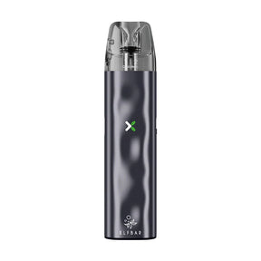 Vaper recargable Elfbar ELFX en color gris con diseño compacto tipo stick, indicador LED frontal, cartucho transparente superior y boquilla integrada.