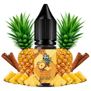 Líquido para vapeo La Yaya Salts Piña Asada con Canela 10ml con sales de nicotina, botella con diseño en tonos amarillos y marrones, acompañado de piña asada y canela que representan su sabor.