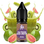 Líquido para vapeo La Yaya Salts Kiwi Passion Guava Smoothie 10ml con sales de nicotina, botella con diseño en tonos tropicales, acompañado de kiwi, fruta de la pasión y guayaba que representan su sabor tipo smoothie.